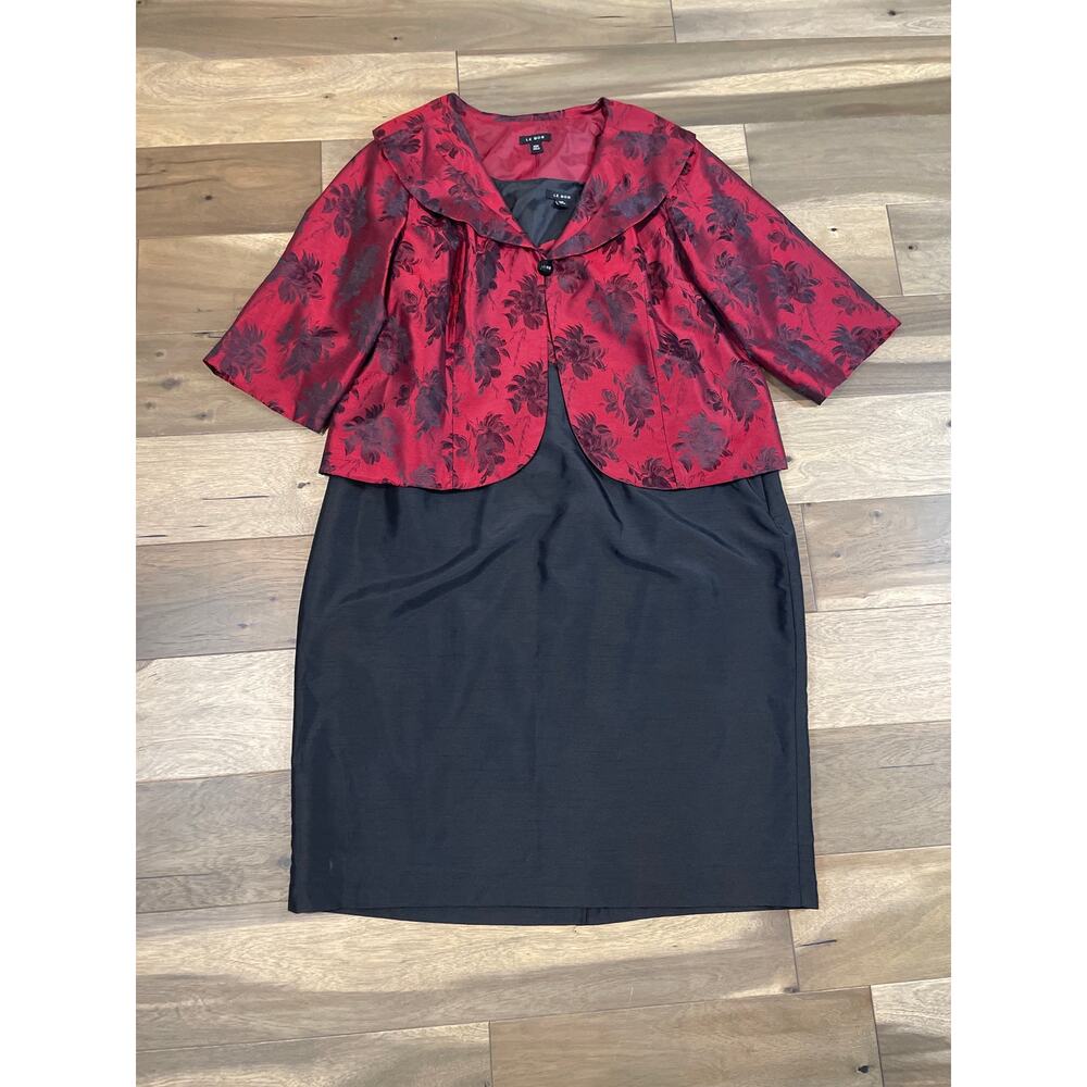 Le Bos Suit Set Size 24W Red Black Floral Blazer and Dress Matte Satin Lined - Picture 13 of 13